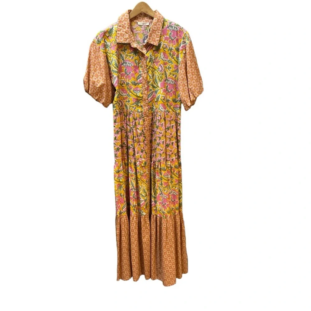 NWT LoveStitch Dress pockets 100% cotton midi floral tiered oranges golds pinks - Picture 2 of 15